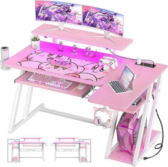 Pink Gaming Desk L Shaped, Gamer Desk Gaming Table with Carbon