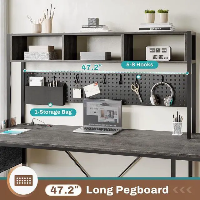 Alt view image 4 of 7 - L Shaped Desk, 94.5 Inch Home Office Desk with Power Outlet & Pegboard, L Shaped Gaming Desk with Led Light, Keyboard Tray, Storage Shelves and Headphone Hook for Home Office, Grey