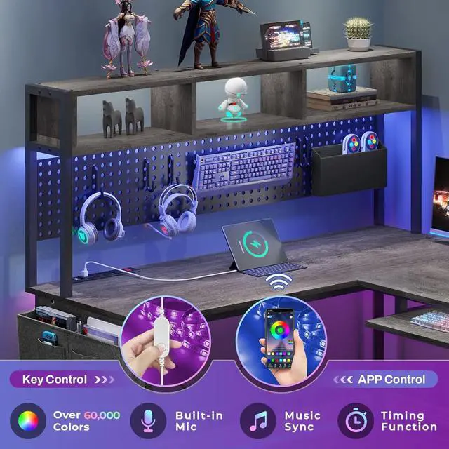 Alt view image 3 of 7 - L Shaped Desk, 94.5 Inch Home Office Desk with Power Outlet & Pegboard, L Shaped Gaming Desk with Led Light, Keyboard Tray, Storage Shelves and Headphone Hook for Home Office, Grey