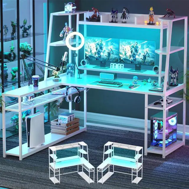 Main image of 63'' L Shaped Gaming Desk with LED Lights & Power Strips, Reversible Gaming Table Desk with Hutch, L-Shaped PC Gaming Desk with Storage Shelves, L Desk for Gaming with Monitor Stand, White