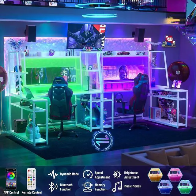 Alt view image 6 of 7 - 63'' L Shaped Gaming Desk with LED Lights & Power Strips, Reversible Gaming Table Desk with Hutch, L-Shaped PC Gaming Desk with Storage Shelves, L Desk for Gaming with Monitor Stand, White