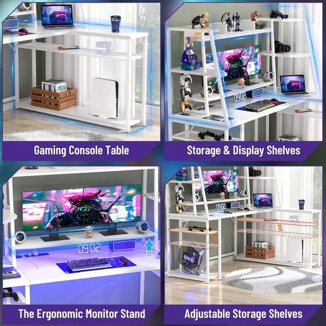 Alt view image 4 of 7 - 63'' L Shaped Gaming Desk with LED Lights & Power Strips, Reversible Gaming Table Desk with Hutch, L-Shaped PC Gaming Desk with Storage Shelves, L Desk for Gaming with Monitor Stand, White