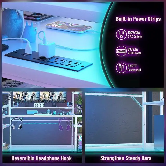 Alt view image 5 of 7 - 63'' L Shaped Gaming Desk with LED Lights & Power Strips, Reversible Gaming Table Desk with Hutch, L-Shaped PC Gaming Desk with Storage Shelves, L Desk for Gaming with Monitor Stand, White