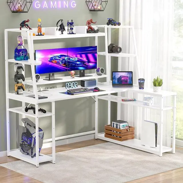 Alt view image 2 of 7 - 63'' L Shaped Gaming Desk with LED Lights & Power Strips, Reversible Gaming Table Desk with Hutch, L-Shaped PC Gaming Desk with Storage Shelves, L Desk for Gaming with Monitor Stand, White