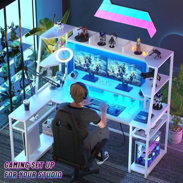 Alt view image 3 of 7 - 63'' L Shaped Gaming Desk with LED Lights & Power Strips, Reversible Gaming Table Desk with Hutch, L-Shaped PC Gaming Desk with Storage Shelves, L Desk for Gaming with Monitor Stand, White