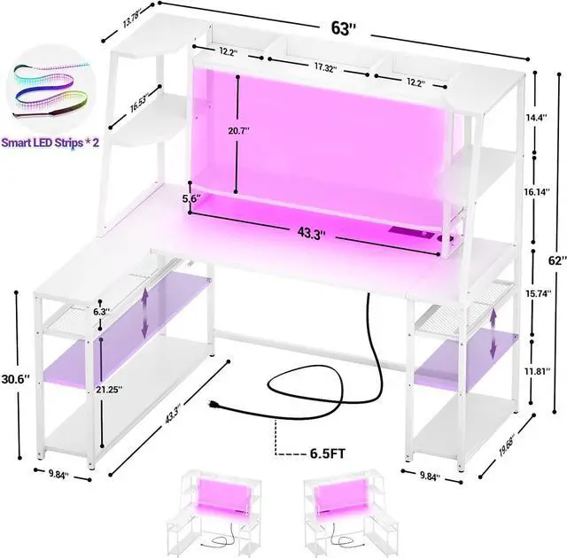 Alt view image 7 of 7 - 63'' L Shaped Gaming Desk with LED Lights & Power Strips, Reversible Gaming Table Desk with Hutch, L-Shaped PC Gaming Desk with Storage Shelves, L Desk for Gaming with Monitor Stand, White