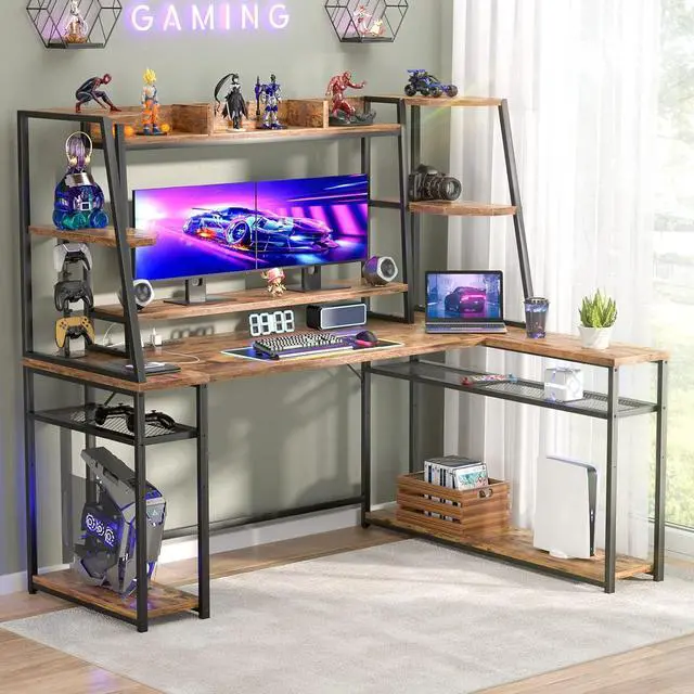 Alt view image 2 of 7 - 63'' L Shaped Gaming Desk with LED Lights & Power Strips, Reversible Gaming Table Desk with Hutch, L-Shaped PC Gaming Desk with Storage Shelves, L Desk for Gaming with Monitor Stand, Rustic Brown