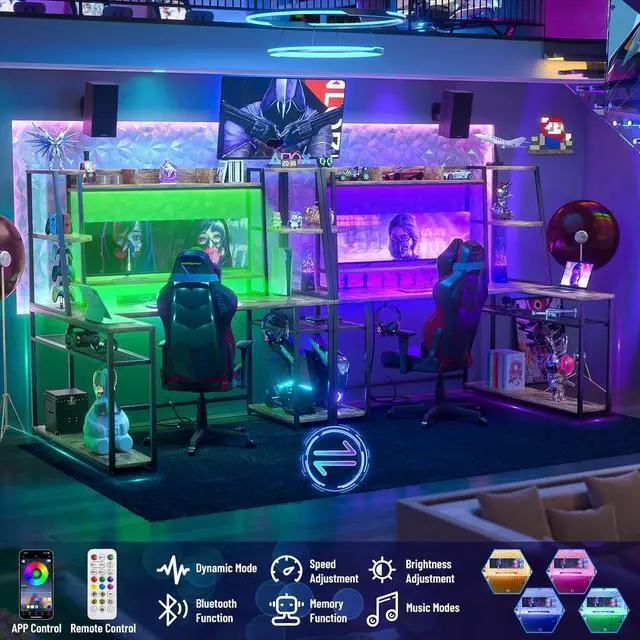 Alt view image 4 of 7 - 63'' L Shaped Gaming Desk with LED Lights & Power Strips, Reversible Gaming Table Desk with Hutch, L-Shaped PC Gaming Desk with Storage Shelves, L Desk for Gaming with Monitor Stand, Rustic Brown