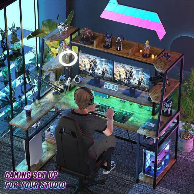 Alt view image 3 of 7 - 63'' L Shaped Gaming Desk with LED Lights & Power Strips, Reversible Gaming Table Desk with Hutch, L-Shaped PC Gaming Desk with Storage Shelves, L Desk for Gaming with Monitor Stand, Rustic Brown