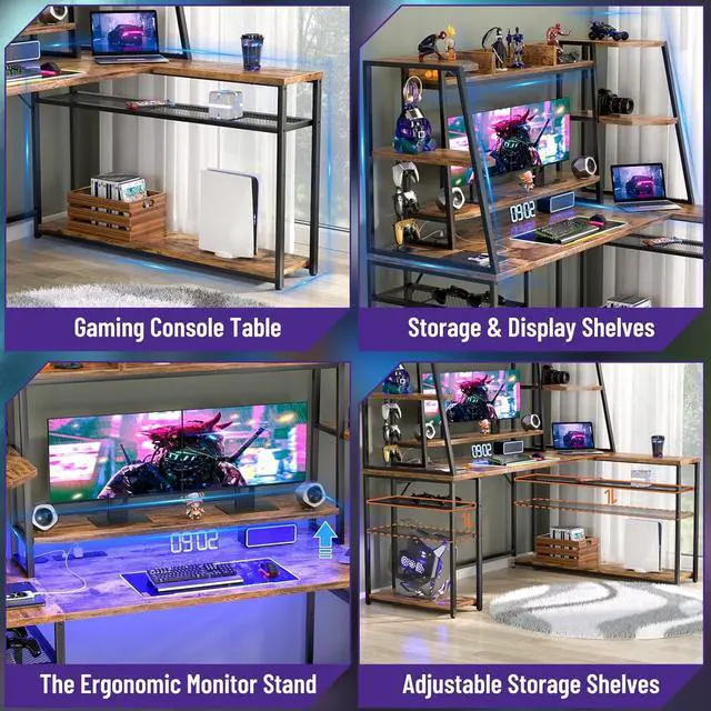 Alt view image 5 of 7 - 63'' L Shaped Gaming Desk with LED Lights & Power Strips, Reversible Gaming Table Desk with Hutch, L-Shaped PC Gaming Desk with Storage Shelves, L Desk for Gaming with Monitor Stand, Rustic Brown