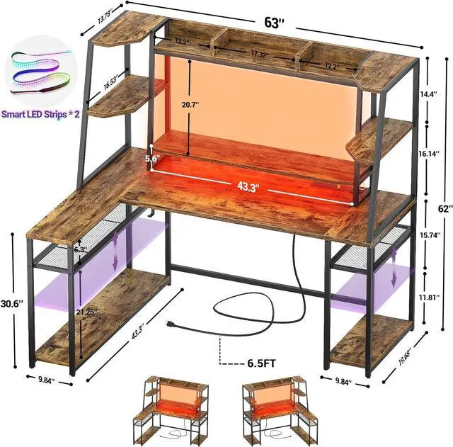 Alt view image 7 of 7 - 63'' L Shaped Gaming Desk with LED Lights & Power Strips, Reversible Gaming Table Desk with Hutch, L-Shaped PC Gaming Desk with Storage Shelves, L Desk for Gaming with Monitor Stand, Rustic Brown