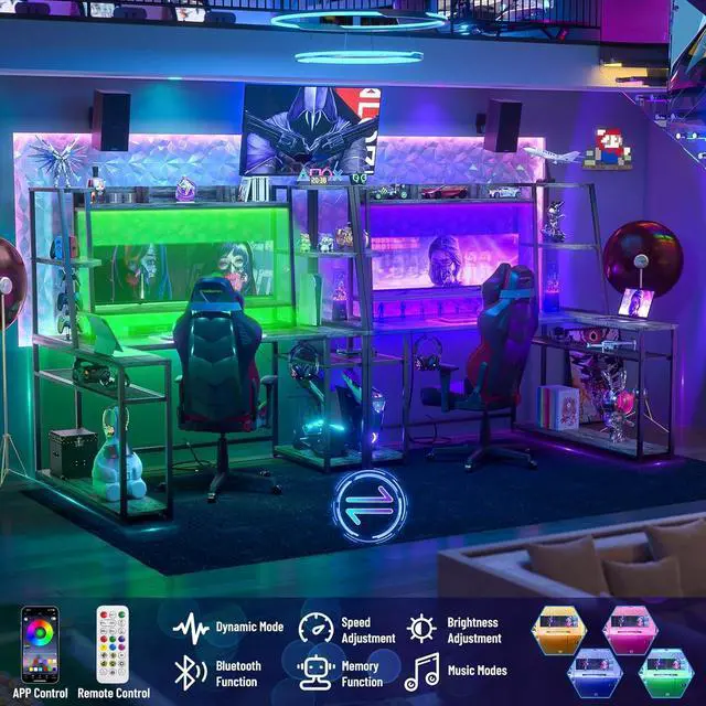 Alt view image 4 of 7 - 63'' L Shaped Gaming Desk with LED Lights & Power Strips, Reversible Gaming Table Desk with Hutch, L-Shaped PC Gaming Desk with Storage Shelves, L Desk for Gaming with Monitor Stand, Grey