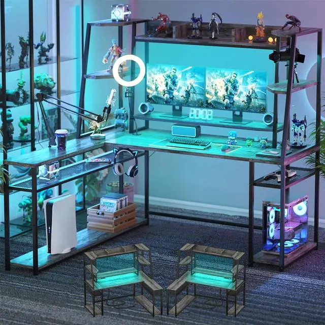 Main image of 63'' L Shaped Gaming Desk with LED Lights & Power Strips, Reversible Gaming Table Desk with Hutch, L-Shaped PC Gaming Desk with Storage Shelves, L Desk for Gaming with Monitor Stand, Grey
