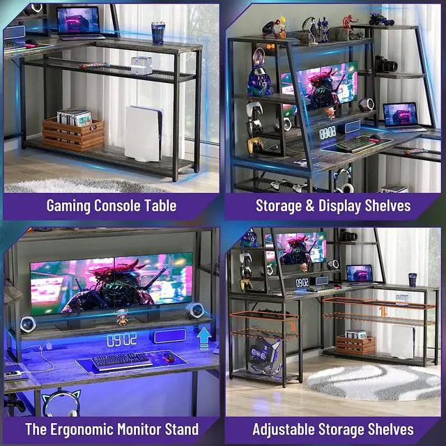 Alt view image 5 of 7 - 63'' L Shaped Gaming Desk with LED Lights & Power Strips, Reversible Gaming Table Desk with Hutch, L-Shaped PC Gaming Desk with Storage Shelves, L Desk for Gaming with Monitor Stand, Grey