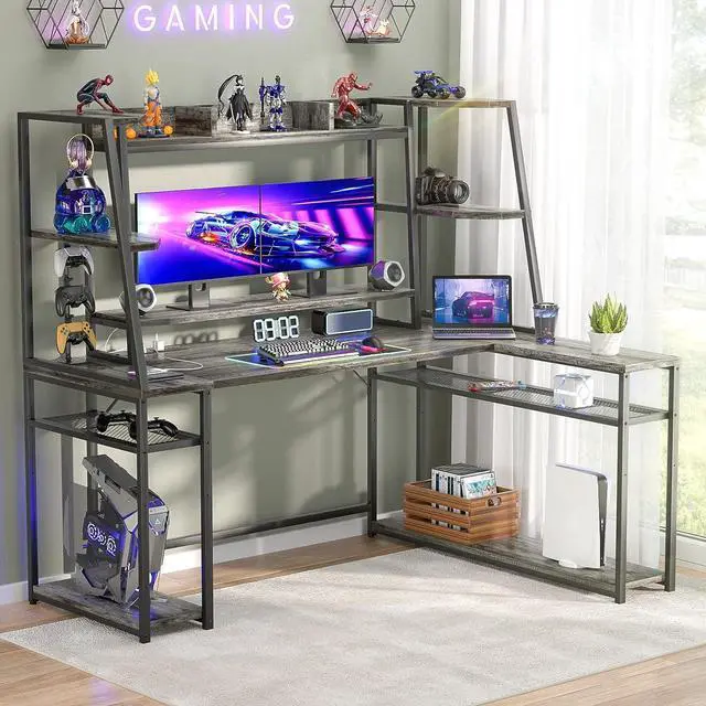 Alt view image 2 of 7 - 63'' L Shaped Gaming Desk with LED Lights & Power Strips, Reversible Gaming Table Desk with Hutch, L-Shaped PC Gaming Desk with Storage Shelves, L Desk for Gaming with Monitor Stand, Grey