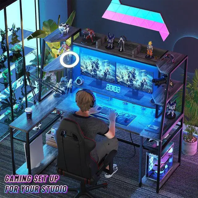 Alt view image 3 of 7 - 63'' L Shaped Gaming Desk with LED Lights & Power Strips, Reversible Gaming Table Desk with Hutch, L-Shaped PC Gaming Desk with Storage Shelves, L Desk for Gaming with Monitor Stand, Grey