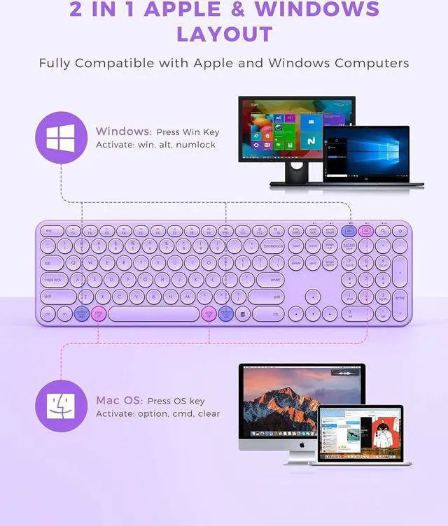 Alt view image 3 of 7 - Keyboard and Mouse Set ,Cute Wireless Keyboard and Mouse with USB and Type C Receiver, Full Size Cordless Purple Wireless Keyboard for Mac and Windows, Laptop, PC (Purple)
