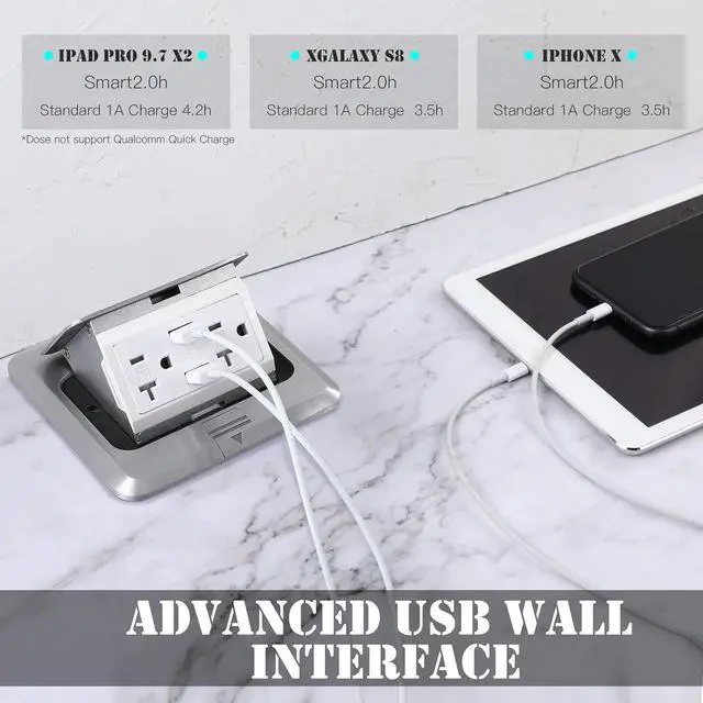 Alt view image 5 of 7 - Pop up Floor Outlet Kit Waterproof Electrical Outlet Cover Box with 4.2A USB Charger 20Amp Weatherproof Floor Outlet Tamper Resistant Outlet Receptacle for Countertop Home - Silver,2 Pack