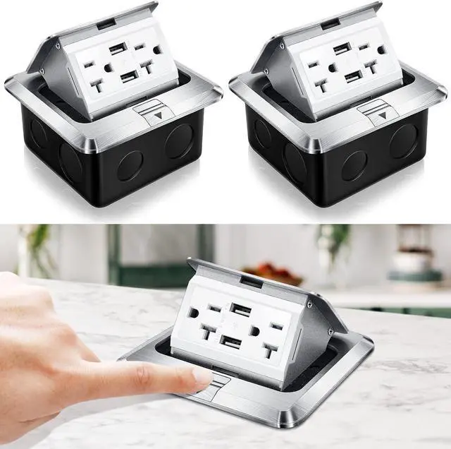 Main image of Pop up Floor Outlet Kit Waterproof Electrical Outlet Cover Box with 4.2A USB Charger 20Amp Weatherproof Floor Outlet Tamper Resistant Outlet Receptacle for Countertop Home - Silver,2 Pack