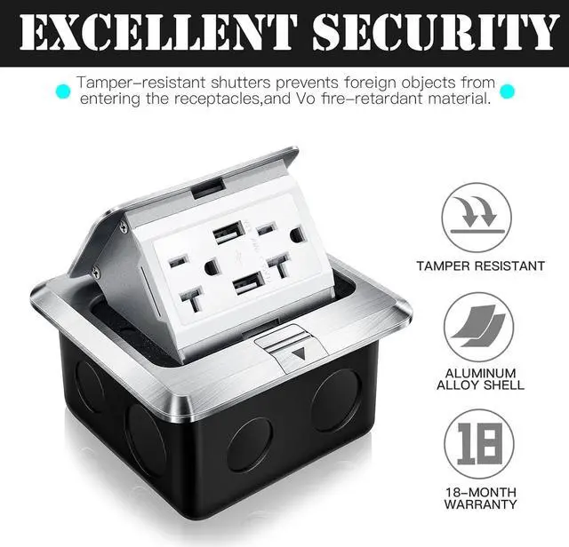 Alt view image 6 of 6 - Pop up Floor Outlet Kit Waterproof Electrical Outlet Cover Box with 4.2A USB Charger 20Amp Weatherproof Floor Outlet Tamper Resistant Outlet Receptacle for Countertop Home - Black,2 Pack