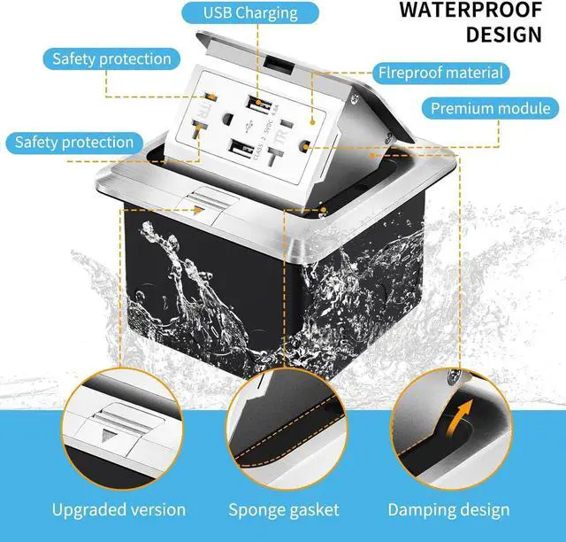 Alt view image 4 of 7 - Pop Up Floor Electrical Outlet Stainless Steel Box Kit, 5V/4.8A USB Outlet, 20A Tamper-Resistant Receptacle Outlet, Watertight Gasket,Corrosive Resistant Hardware, ETL Certified, Silver