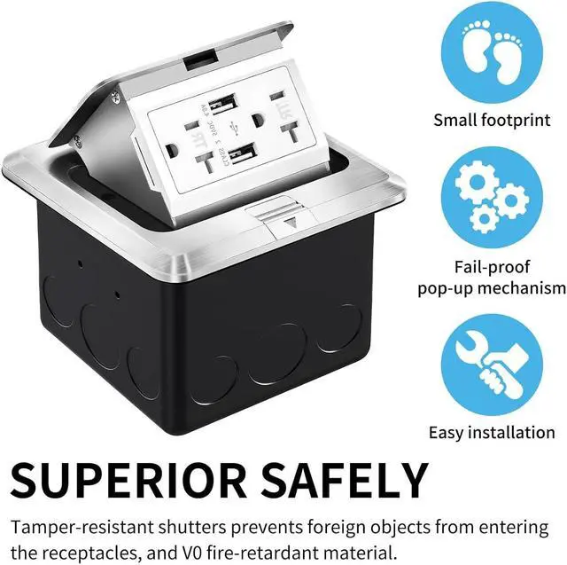 Alt view image 5 of 7 - Pop Up Floor Electrical Outlet Stainless Steel Box Kit, 5V/4.8A USB Outlet, 20A Tamper-Resistant Receptacle Outlet, Watertight Gasket,Corrosive Resistant Hardware, ETL Certified, Silver