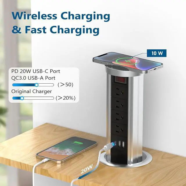 Alt view image 4 of 7 - Pop Up Outlet for Countertop, Receptacle Power Strip with USB C & 4 AC Outlet, Pull Popup Outlet Recessed Power Socket with 10W Wireless Charger for Kitchen Conference Office - Black