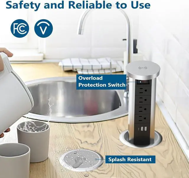 Alt view image 5 of 7 - Pop Up Outlet for Countertop, Receptacle Power Strip with USB C & 4 AC Outlet, Pull Popup Outlet Recessed Power Socket with 10W Wireless Charger for Kitchen Conference Office - Black