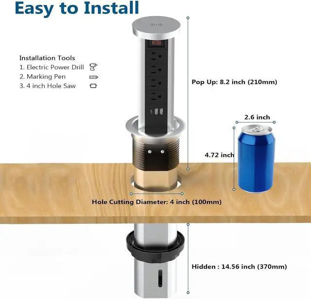 Alt view image 7 of 7 - Pop Up Outlet for Countertop, Receptacle Power Strip with USB C & 4 AC Outlet, Pull Popup Outlet Recessed Power Socket with 10W Wireless Charger for Kitchen Conference Office - Black