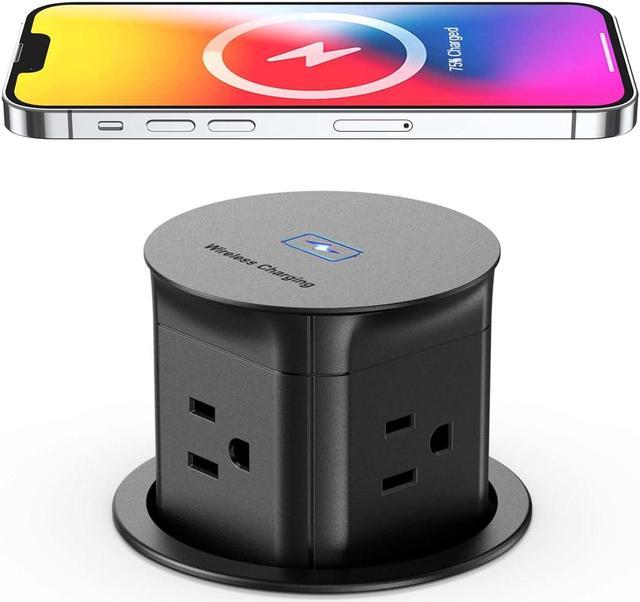 Automatic Pop up Outlet for Countertop with 15W Wireless Charger, 4 Hole  Hidden Recessed Pop Up Socket,PD 20W USB C,2 TR AC Plug,2 USB A Desk