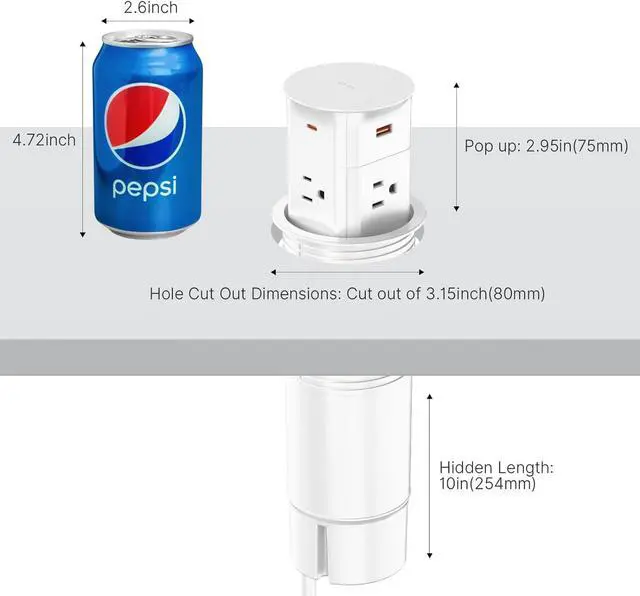 Alt view image 5 of 7 - Pop up Outlet for Countertop, PD 20W USB C Fast Charging, 3.15" Desk Grommet Power Station, 4 Outlets,4-USB, Kitchen Island Pop Up Electrical Outlet, Office Recessed Power Supply,6ft Cord,  White