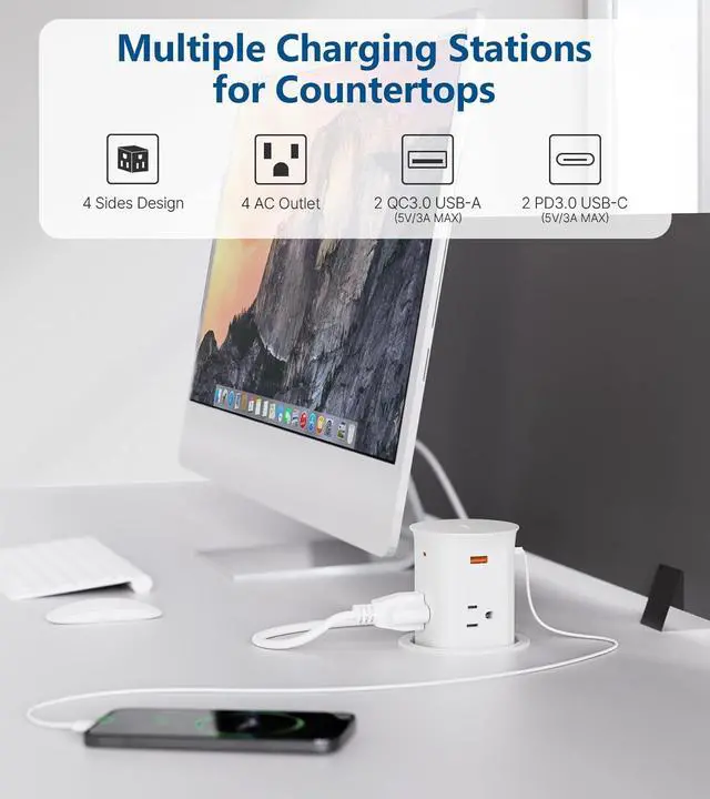 Alt view image 2 of 7 - Pop up Outlet for Countertop, PD 20W USB C Fast Charging, 3.15" Desk Grommet Power Station, 4 Outlets,4-USB, Kitchen Island Pop Up Electrical Outlet, Office Recessed Power Supply,6ft Cord,  White