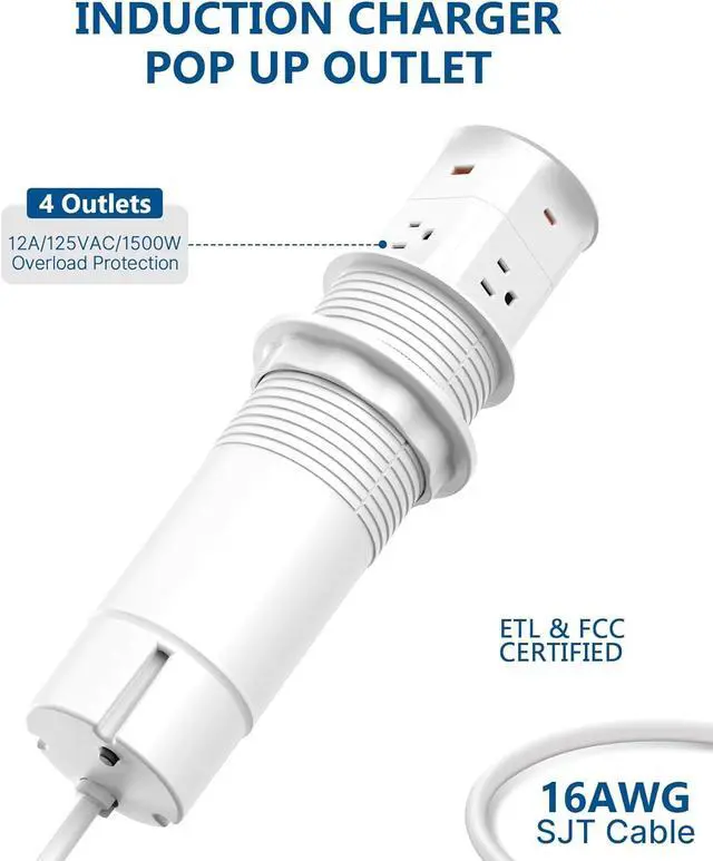 Alt view image 6 of 7 - Pop up Outlet for Countertop, PD 20W USB C Fast Charging, 3.15" Desk Grommet Power Station, 4 Outlets,4-USB, Kitchen Island Pop Up Electrical Outlet, Office Recessed Power Supply,6ft Cord,  White