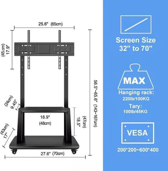 Alt view image 5 of 7 - Mobile TV Stand,Rolling TVs Cart on Wheels Height Adjustable Heavy-Duty Floor Stand Base for 32 -70 Inch LCD LED OLED Flat Panel Screens Smartboard Movable Holds up to 100lbs with Shelf