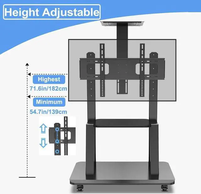Alt view image 6 of 7 - Mobile TV Stand,Rolling TVs Cart on Wheels Height Adjustable Heavy-Duty Floor Stand Base for 42-86 Inch LCD LED OLED Flat Panel Screens Smartboard Movable Holds up to 176lbs with Shelf