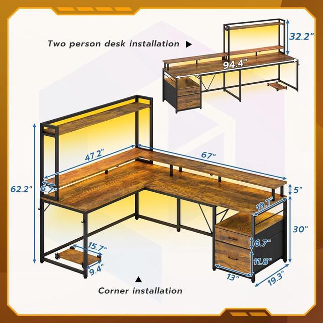 94.4 L Shaped Desk with Hutch, Home Office Desk with File Drawers, 94.4  Inches Two Person Desk, Corner Computer Desk with Keyboard Tray, Monitor