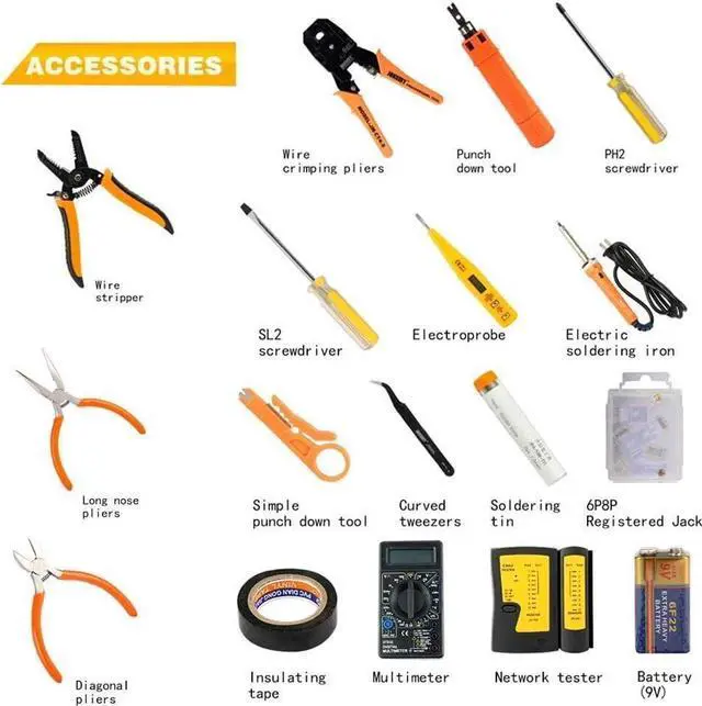 Alt view image 5 of 6 - Network Crimp Tool Kit for RJ45/RJ11/RJ12/CAT5/CAT6/Cat5e/8P, Professional Crimper Connector Stripper Cutter, Computer Maintenance Lan Cable Pliers Tester Soldering Iron Set