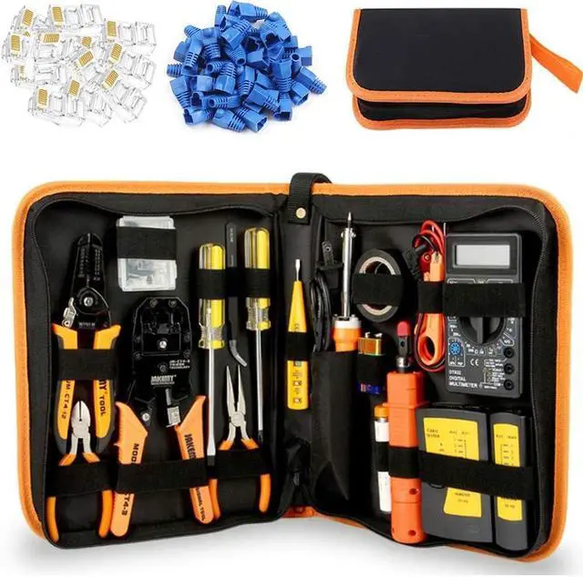 Main image of Network Crimp Tool Kit for RJ45/RJ11/RJ12/CAT5/CAT6/Cat5e/8P, Professional Crimper Connector Stripper Cutter, Computer Maintenance Lan Cable Pliers Tester Soldering Iron Set