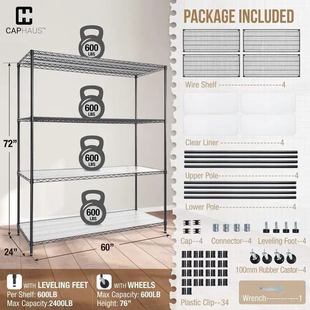 Alt view image 3 of 7 - NSF Commercial Grade Heavy Duty Wire Shelving w/Wheels, Leveling Feet & Liners, Storage Metal Shelf, Garage Shelving Storage, Utility Wire Rack Storage Shelves, 60 x 24 x 76 4-Tier w/Liner