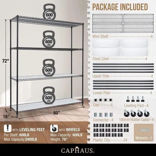 Alt view image 2 of 6 - NSF Commercial Grade Heavy Duty Wire Shelving w/Wheels, Leveling Feet & Liners, Storage Metal Shelf, Garage Shelving Storage, Utility Wire Rack Storage Shelves, 60 x 18 x 76 4-Tier w/Liner