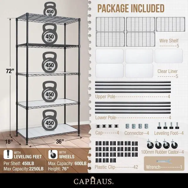 Alt view image 2 of 6 - NSF Commercial Grade Heavy Duty Wire Shelving w/Wheels, Leveling Feet & Liners, Storage Metal Shelf, Garage Shelving Storage, Utility Wire Rack Storage Shelves, 36 x 18 x 76 5-Tier w/Liner
