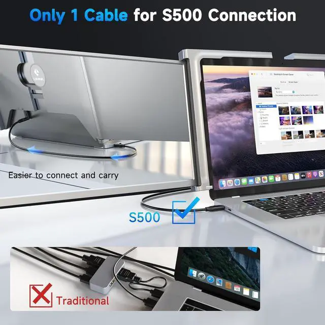 Alt view image 3 of 7 - 14" Triple Portable Monitor with 1 Cable Connect, S500 Laptop Screen Monitor Extender, 1200P USB A C Frameless Tri-Screen for 15-17.5" Windows, MacBook Air Pro, Compatible M1 & M2 Chip