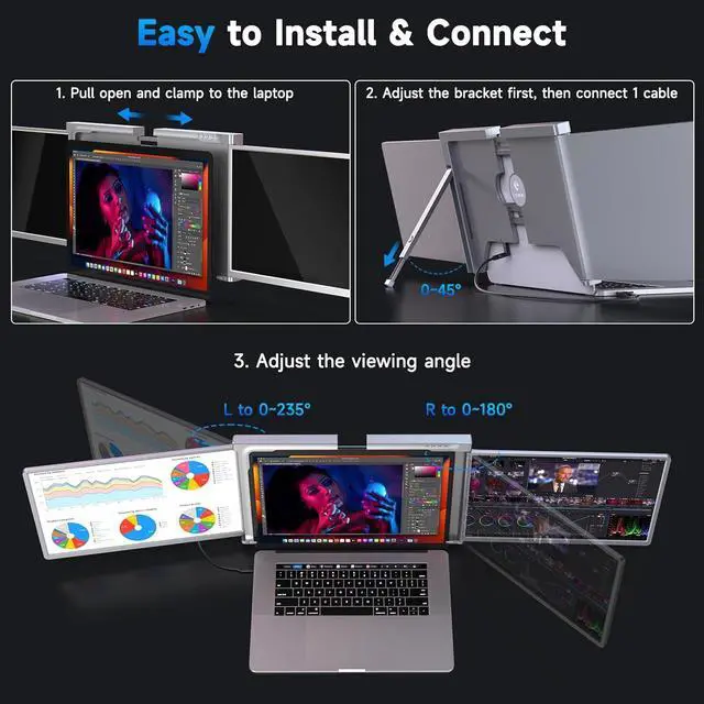 Alt view image 5 of 7 - 14" Triple Portable Monitor with 1 Cable Connect, S500 Laptop Screen Monitor Extender, 1200P USB A C Frameless Tri-Screen for 15-17.5" Windows, MacBook Air Pro, Compatible M1 & M2 Chip