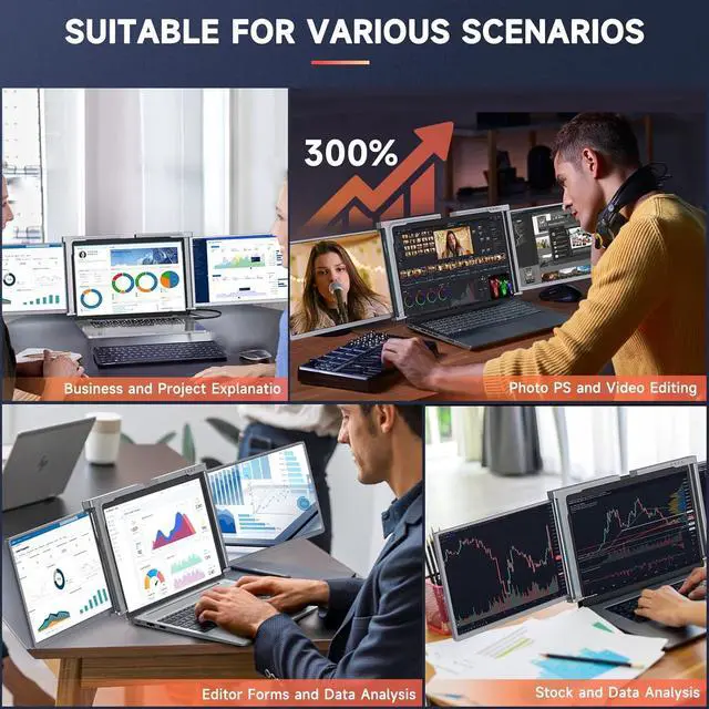 Alt view image 7 of 7 - 14" Triple Portable Monitor with 1 Cable Connect, S500 Laptop Screen Monitor Extender, 1200P USB A C Frameless Tri-Screen for 15-17.5" Windows, MacBook Air Pro, Compatible M1 & M2 Chip