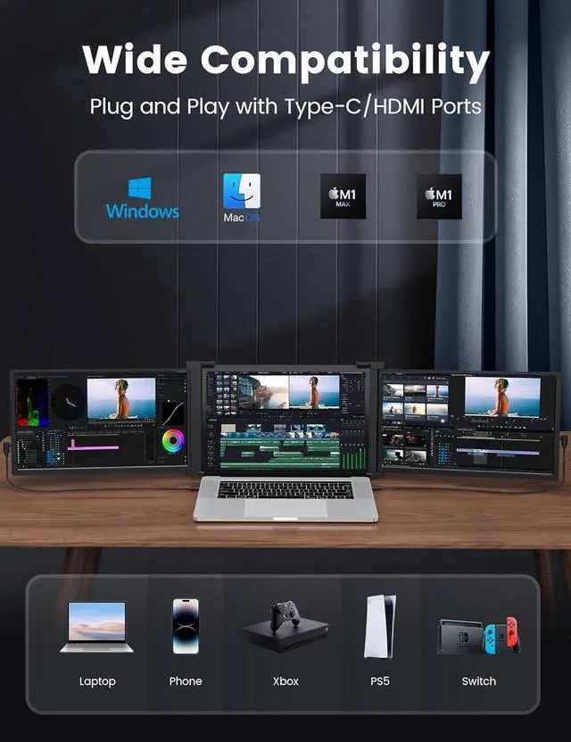 Alt view image 3 of 7 - 15.6" Triple Monitor for Laptop, FHD 1080P IPS Portable Monitor for 15.6-17.3 Laptop, Plug and Play Laptop Screen Extender with USB-C&HDMI 100% sRGB 300 nits, Dual Monitor for Windows, Mac, Black