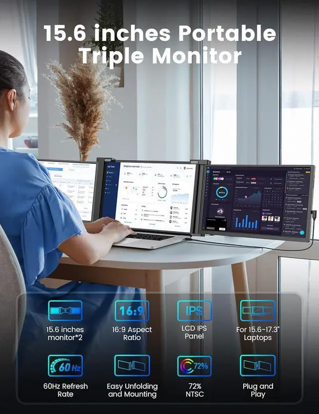 Alt view image 2 of 7 - 15.6" Triple Monitor for Laptop, FHD 1080P IPS Portable Monitor for 15.6-17.3 Laptop, Plug and Play Laptop Screen Extender with USB-C&HDMI 100% sRGB 300 nits, Dual Monitor for Windows, Mac, Black