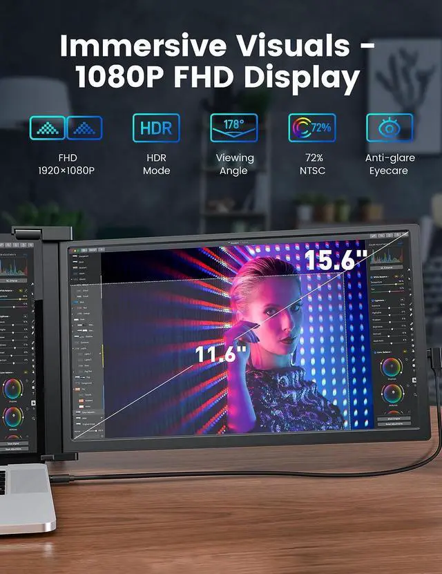Alt view image 5 of 7 - 15.6" Triple Monitor for Laptop, FHD 1080P IPS Portable Monitor for 15.6-17.3 Laptop, Plug and Play Laptop Screen Extender with USB-C&HDMI 100% sRGB 300 nits, Dual Monitor for Windows, Mac, Black