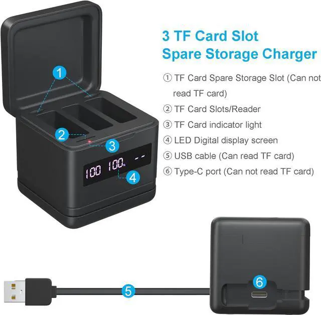 Alt view image 5 of 7 - Hero 9/10/11/12 Battery 3-Pack 2000mAh and USB Storage Fast Charger Fully Compatible with Gopro Hero 9 10 11 12 Black Official with High Speed Micro SD Card Reader Function