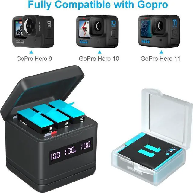 Alt view image 2 of 7 - Hero 9/10/11/12 Battery 3-Pack 2000mAh and USB Storage Fast Charger Fully Compatible with Gopro Hero 9 10 11 12 Black Official with High Speed Micro SD Card Reader Function
