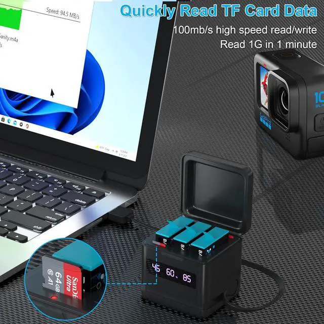 Alt view image 3 of 7 - Hero 9/10/11/12 Battery 3-Pack 2000mAh and USB Storage Fast Charger Fully Compatible with Gopro Hero 9 10 11 12 Black Official with High Speed Micro SD Card Reader Function